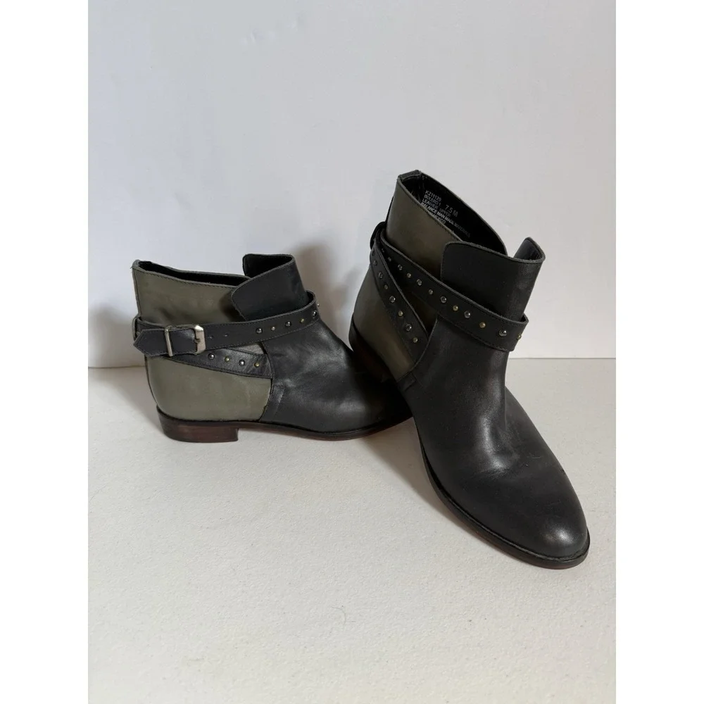 Adam Tucker Studded Leather  Bolero Ankle Boots black and green buckle